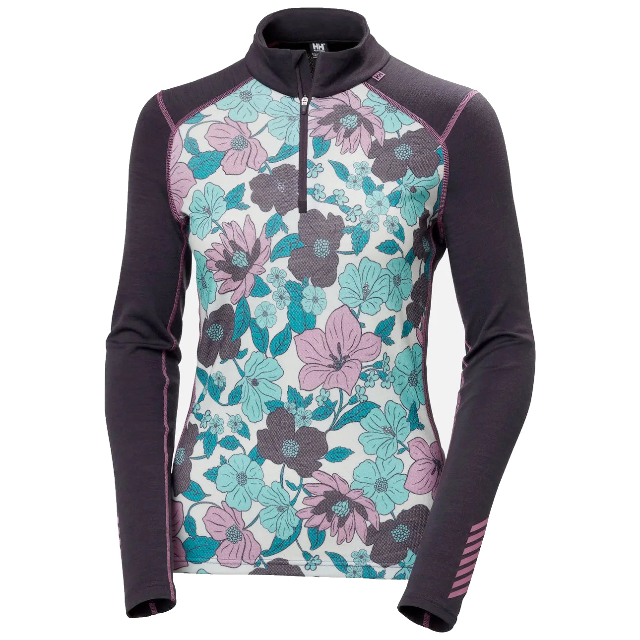 helly hansen lifa merino midweight graphic half-zip women’s base layer-color-black grape floral aop