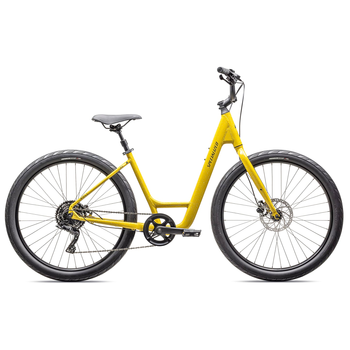specialized 2025 roll 3.0 low entry comfort bike-color-satin sulphur / dune white macro speckle / satin smoke reflective