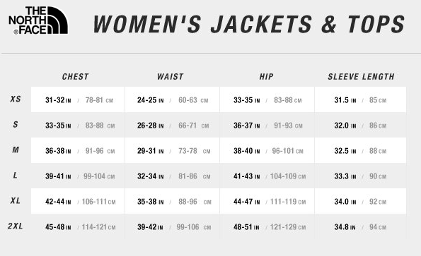 north face women's jacket size guide