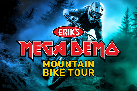 A graphic promoting ERIK'S Mega Demo Mountain Bike Tour