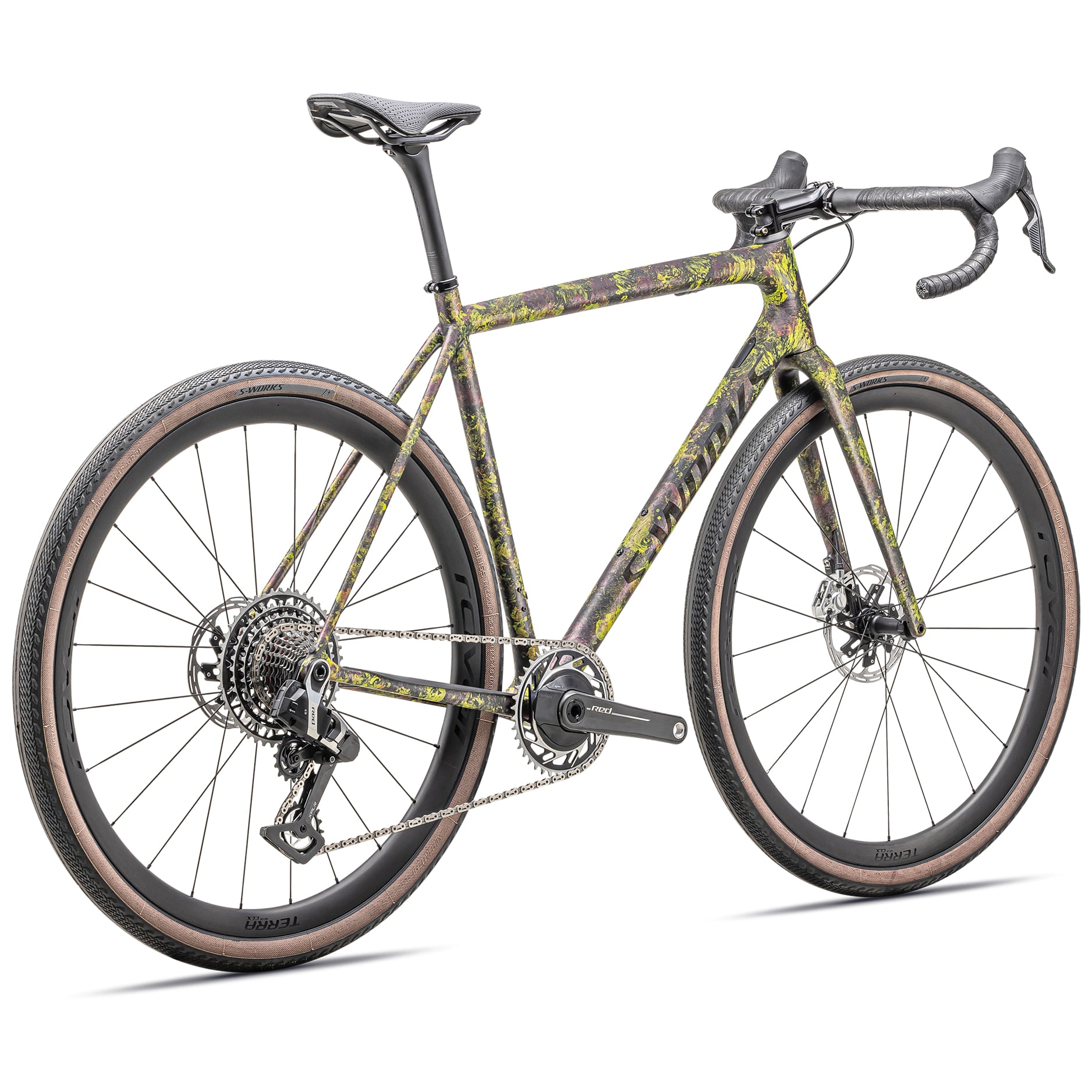 s-works 2025 crux ltd sram red xplr road bike-color-satin carbon/rebel pink tint + ion blurred impasto/gloss black tint