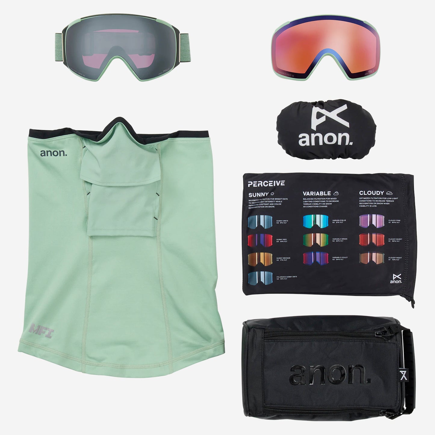 anon m4s goggles (toric) + bonus lens + mfi mask-color-soft sage/perceive sunny onyx