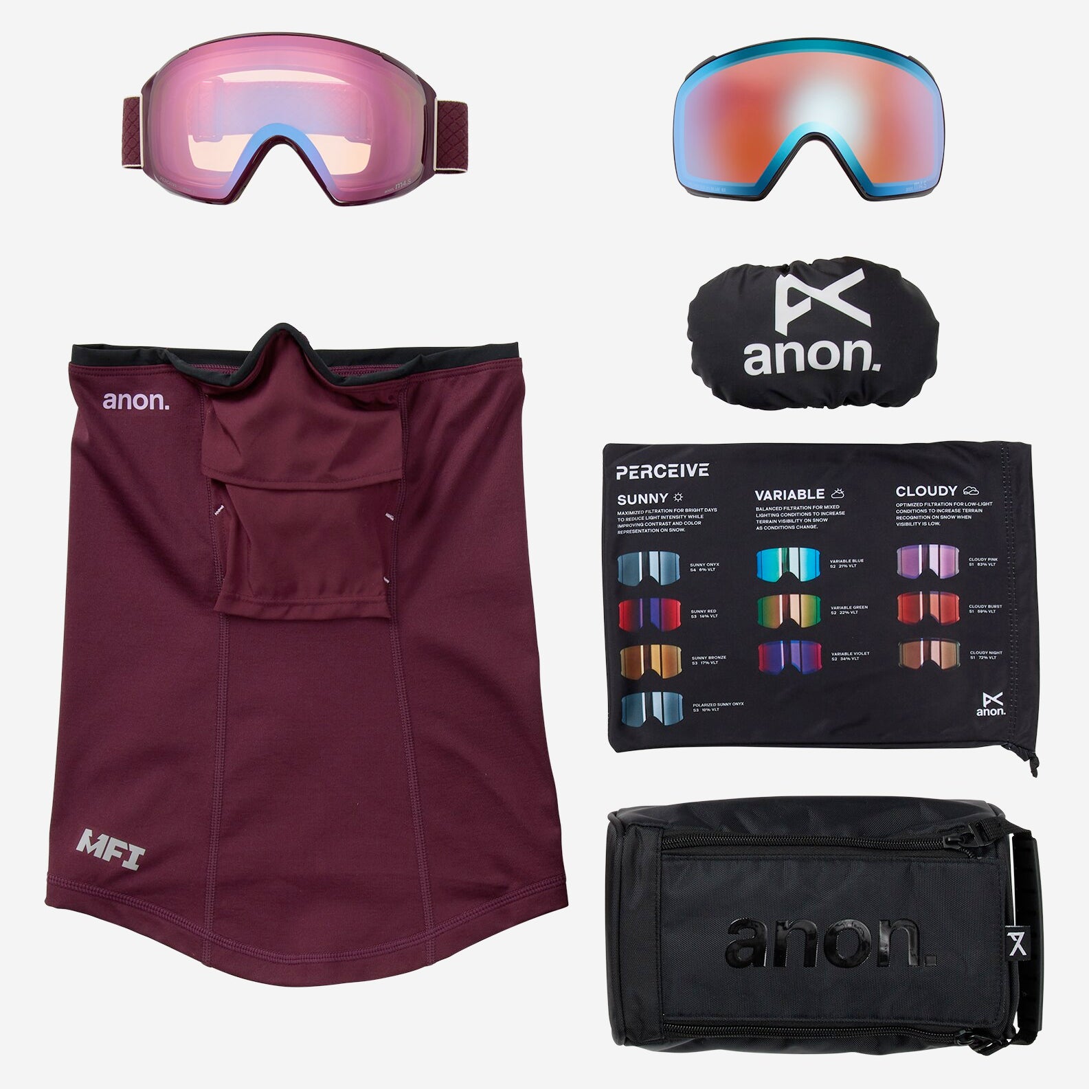 anon m4s goggles (toric) + bonus lens + mfi mask-color-deep cherry/perceive cloudy pink