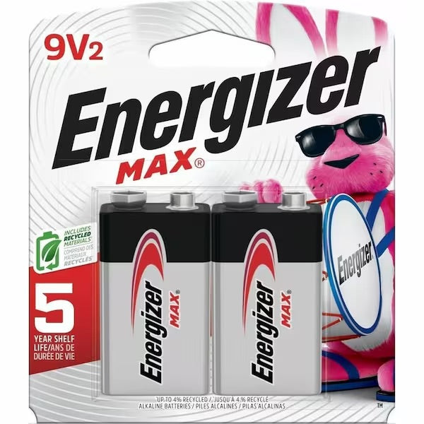 Energizer Max 9V Alkaline 2-Pack Batteries 9 Volt Silver