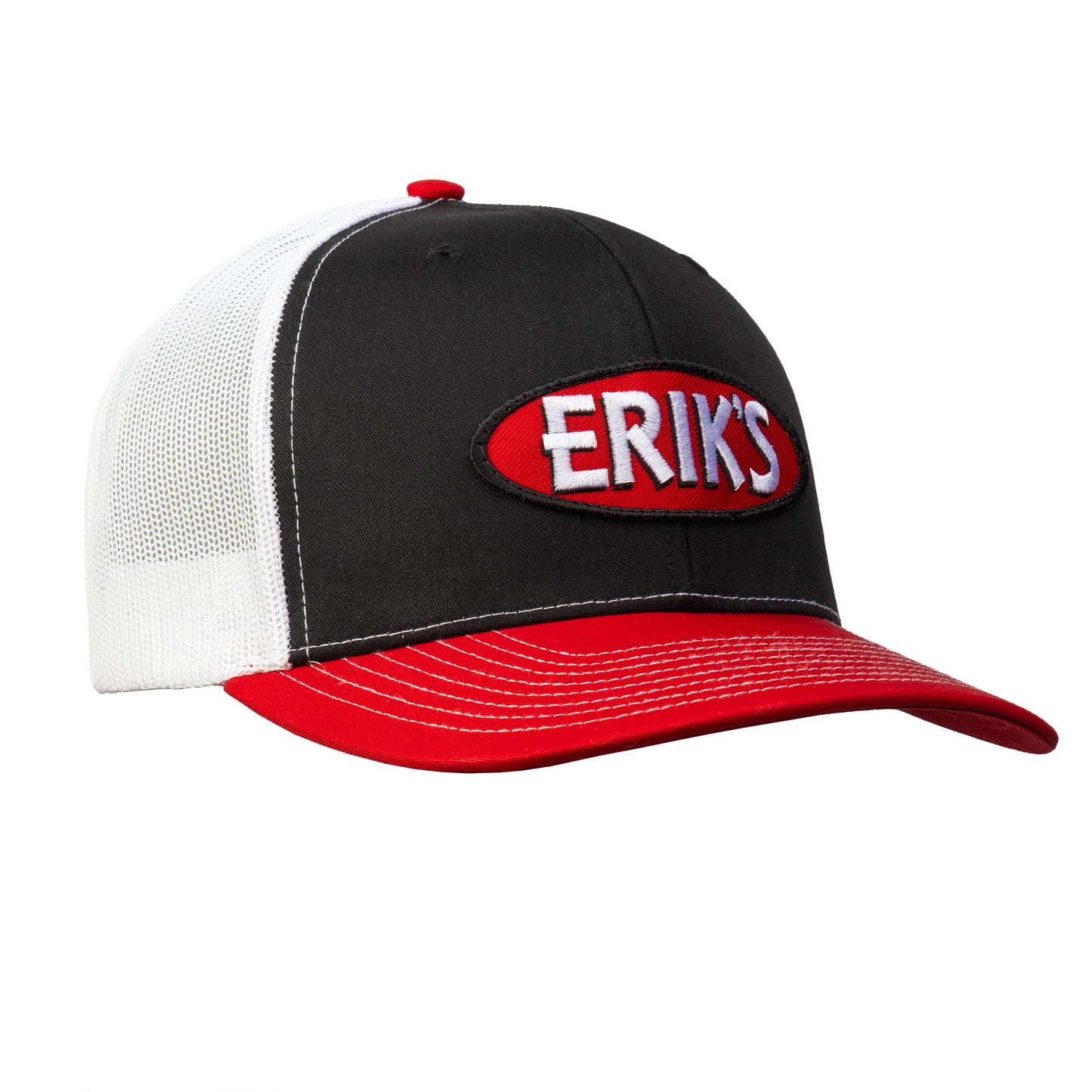 eriks oval logo trucker hat-color-black/white/red-size-one size