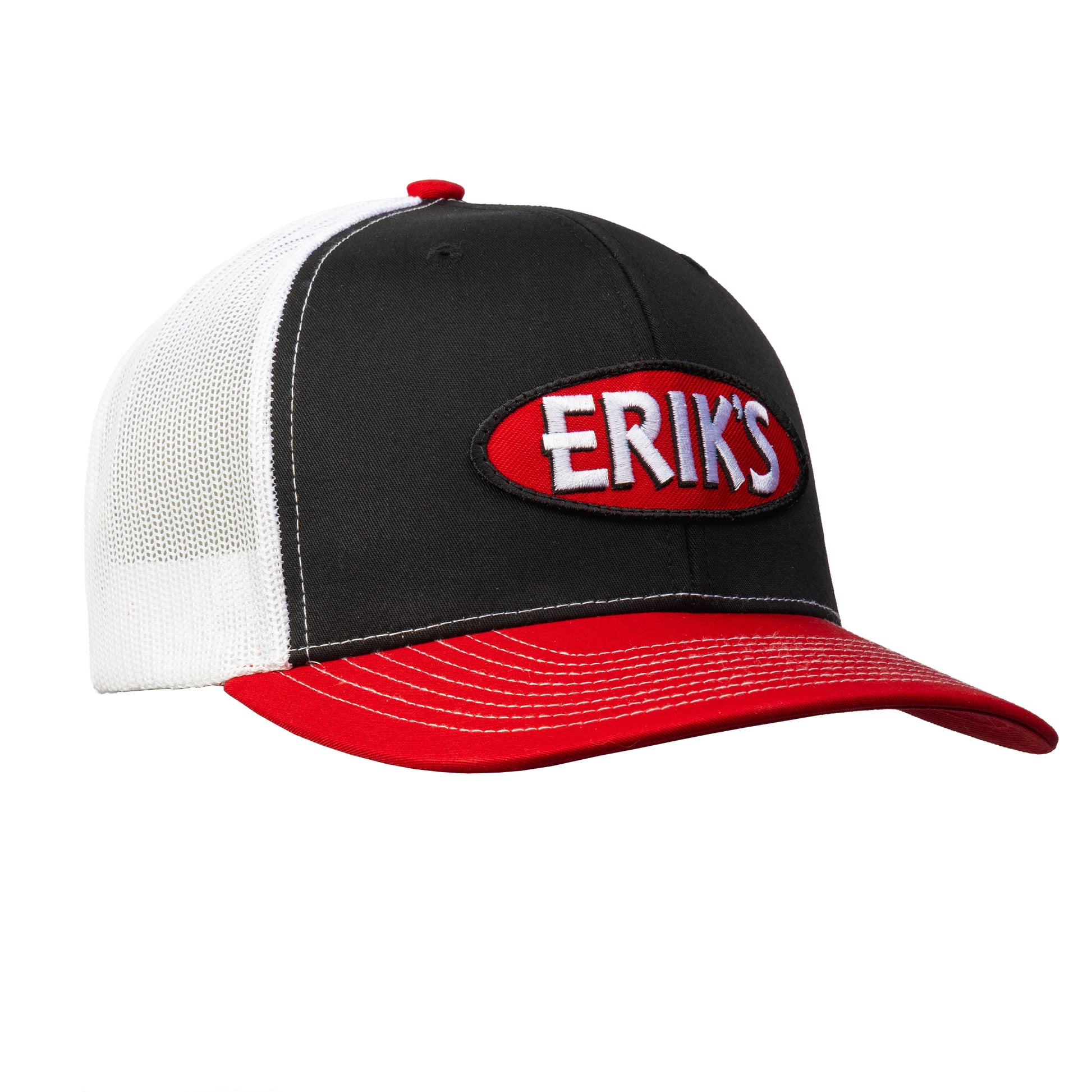 eriks oval logo trucker hat-color-black/white/red-size-one size