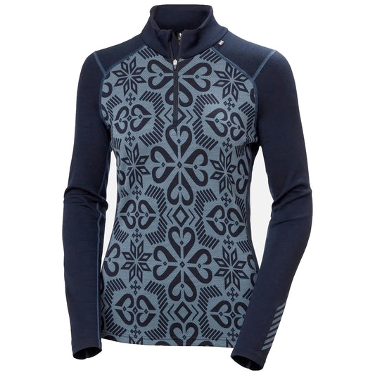 helly hansen lifa merino midweight graphic half-zip women’s base layer-color-navy nordic rose aop
